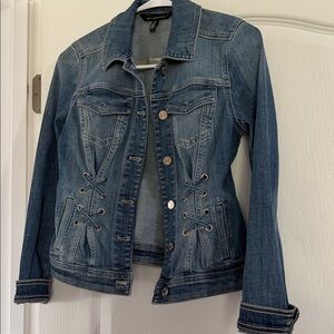 White House Black Market Blue Jean Jacket with Lace-Up Design